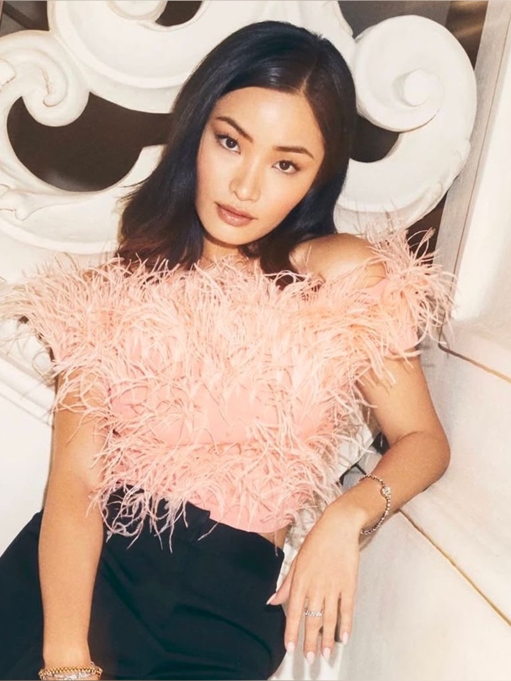 NWT $658 Cult Gaia Sosha Off the Shoulder Feather Top in Azalea